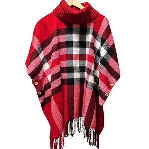 EUC Elegant Turtleneck Plaid Poncho - Red and Black